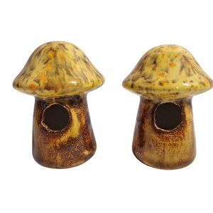 2  Vintage Mushroom Macrame Beads Brown & Yellow Ceramic 70z 2.25" Tall